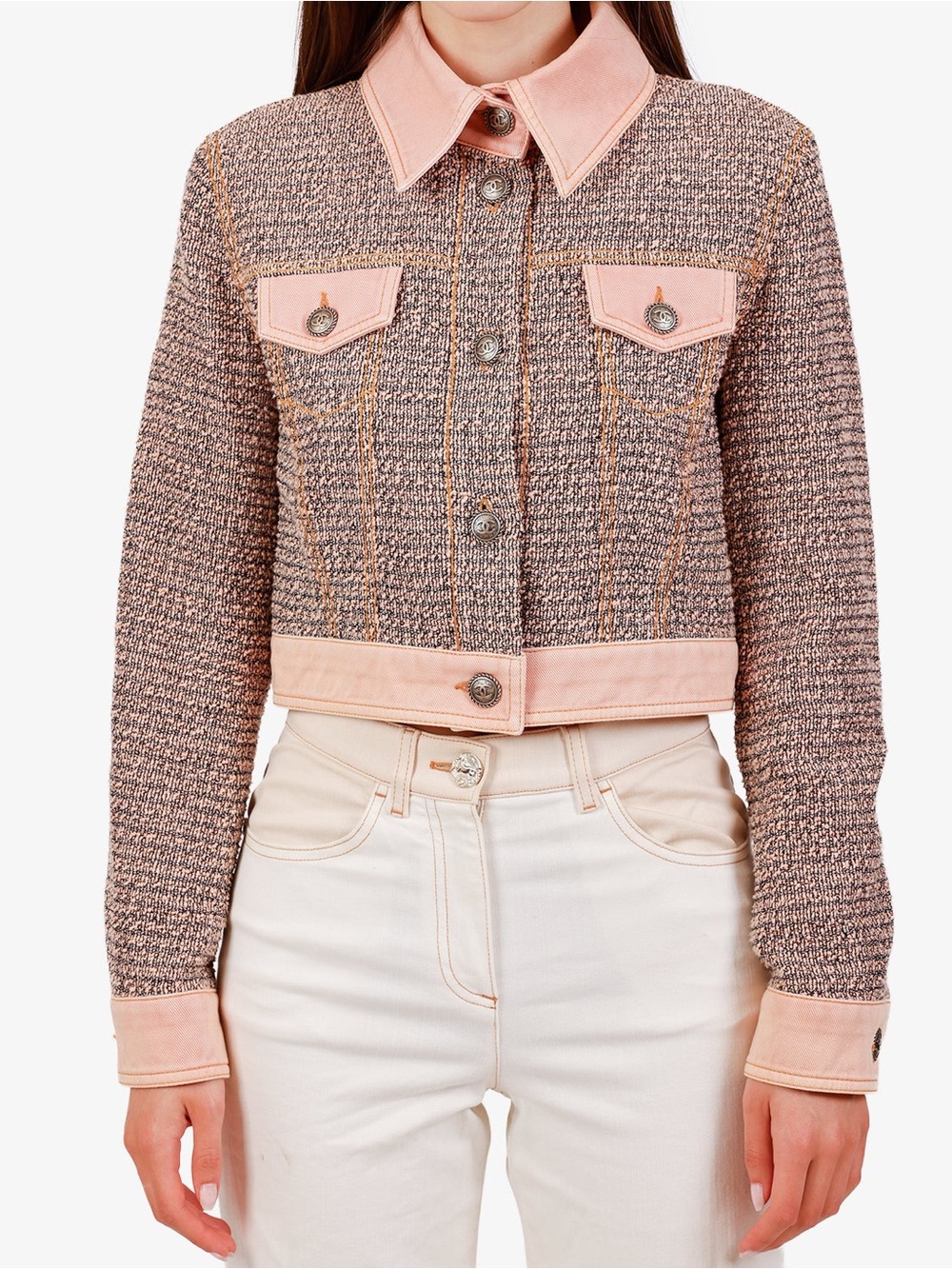 Chanel Pink Tweed Cropped Jacket with Leather Trim